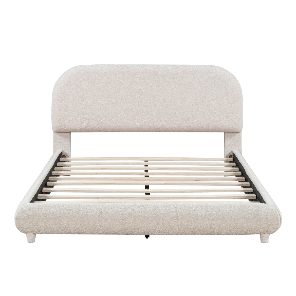 Teddy Fleece Full Size Upholstered Platform Bed with Thick Fabric, Solid Frame and Stylish Curve-shaped Design, Beige