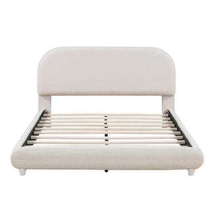 Teddy Fleece Full Size Upholstered Platform Bed with Thick Fabric, Solid Frame and Stylish Curve-shaped Design, Beige