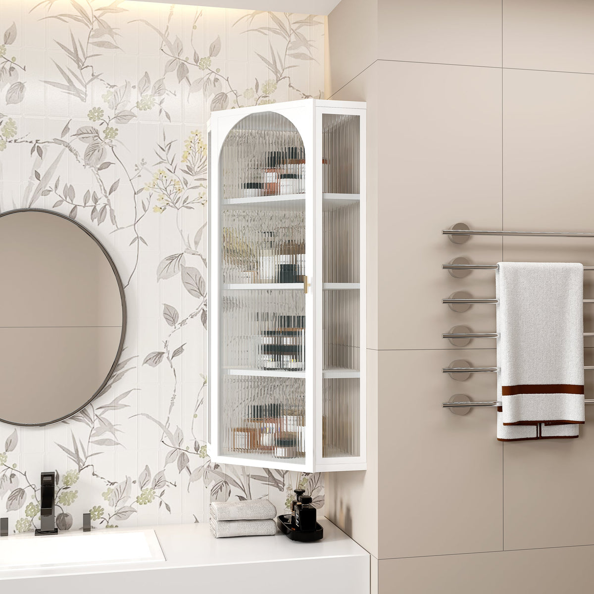 Glass Door Wall Mounted Corner Cabinet with Featuring Four-tier Storage for Bedroom, Living Room, Bathroom, Kitchen, White(same sku:W757130160)