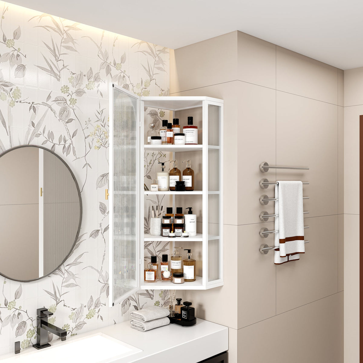 Glass Door Wall Mounted Corner Cabinet with Featuring Four-tier Storage for Bedroom, Living Room, Bathroom, Kitchen, White(same sku:W757130160)