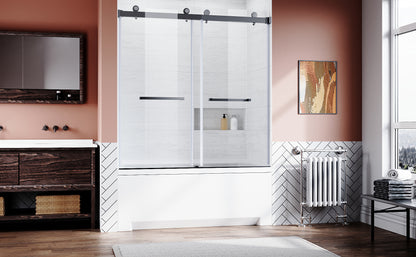 Matte Black 56-60 in.W x 62 in.H 1/4"(6mm) Frameless Sliding Bathtub Door Bypass Tub Glass Sliding Shower Doors Clear Tempered Glass,Heavy Duty Stainless Steel Hardwares 2pcs Rectangle Handles,