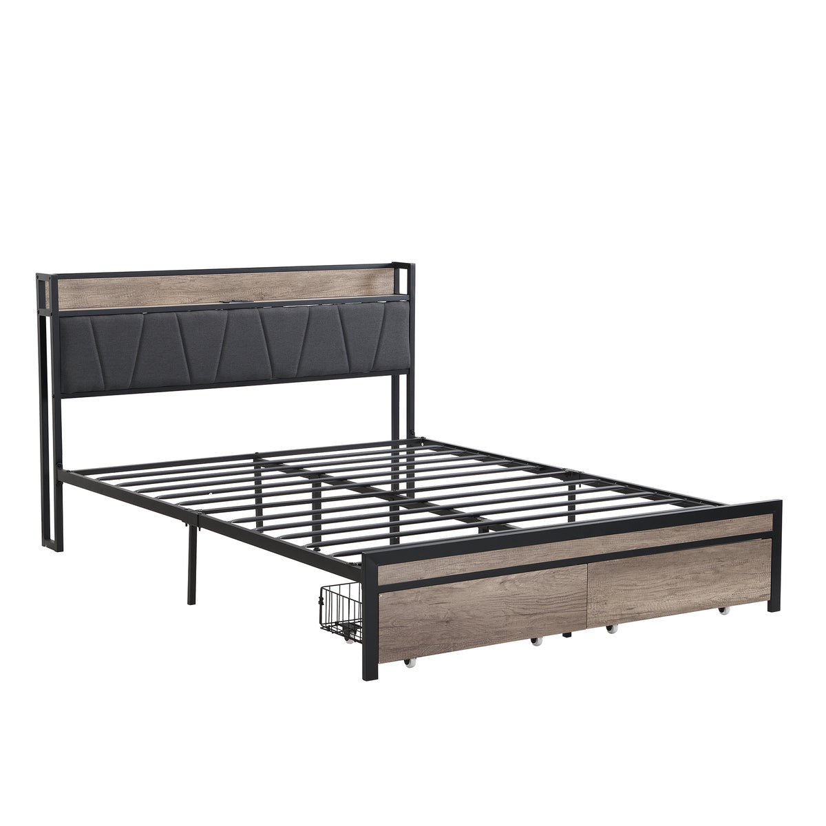 Queen Size Metal Platform Bed Frame with upholstery storage function Headboard and USB LINER and Footboard with drawers