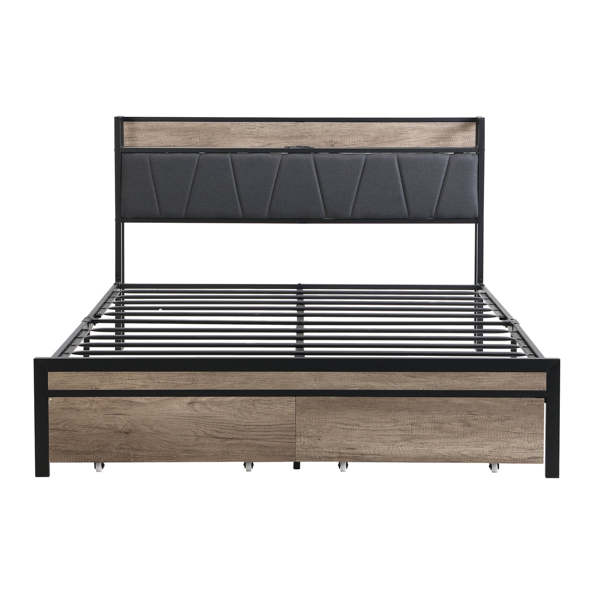 Queen Size Metal Platform Bed Frame with upholstery storage function Headboard and USB LINER and Footboard with drawers