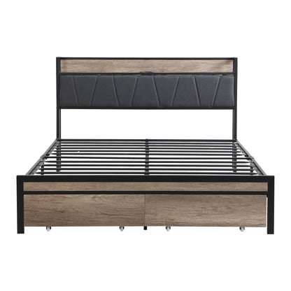 Queen Size Metal Platform Bed Frame with upholstery storage function Headboard and USB LINER and Footboard with drawers