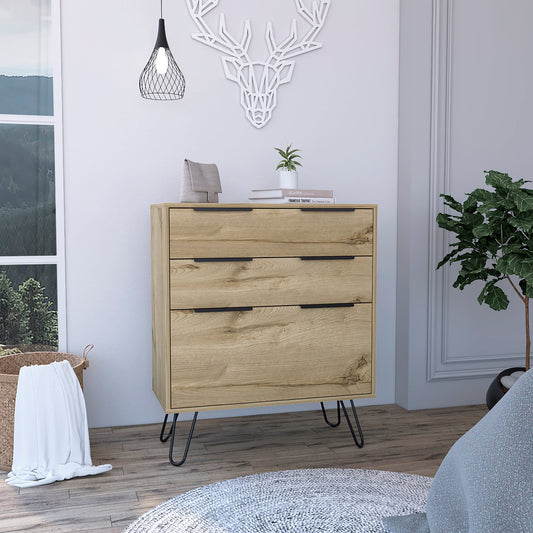Praga Dresser,  Three Drawers, Superior Top, Hairpin Legs