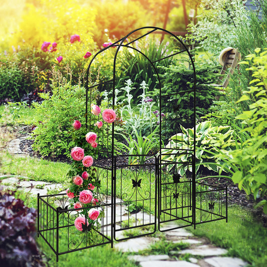 Metal Garden Arch with Gate 79.5'' Wide x 86.6'' High Climbing Plants Support Rose Arch Outdoor Black – Model W1586P148090