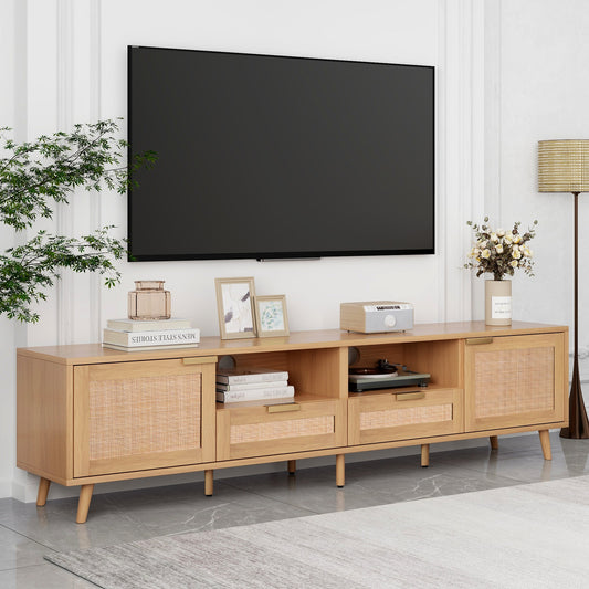 Rattan TV Stand for TVs up to 85'', Modern Farmhouse Media Console, Entertainment Center with Solid Wood Legs, TV Cabinet, Home Theatre