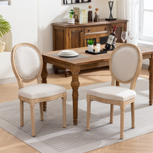 A&A Furniture, French Style Solid Wood Frame Antique Painting Linen Fabric Back Dining Chair, Set of 2, Beige, SW1845BG