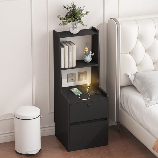Nightstand with Charging Station, Smart Nightstand with Night Light, Modern Night Stand with Bookshelf, Bedside Tables with Storage Cabinet – Black