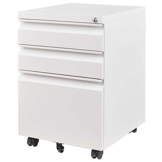 White Mobile 3-Drawer File Cabinet with Lock, Metal Organizer, Fully Assembled