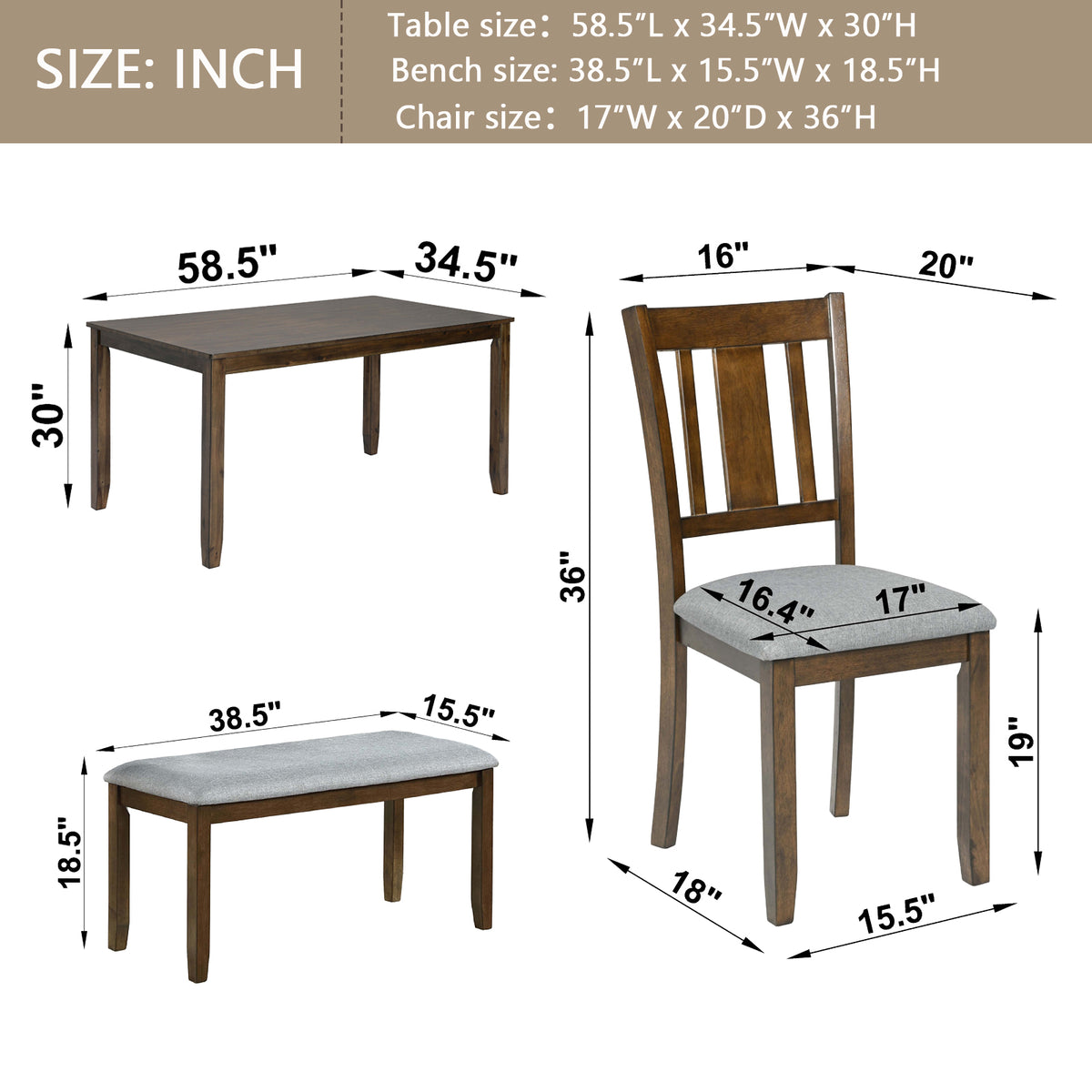 6PCs Kitchen Dining Set, Rectangular Wooden Dining Table with 4 Upholstered Chairs and a Bench, Dining Table Set for 6 People, Walnut