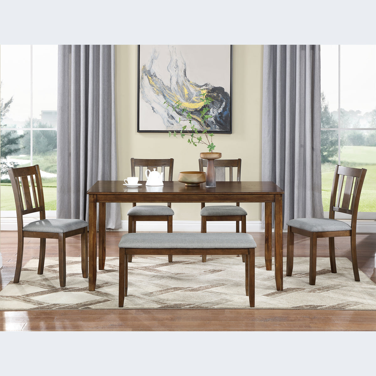 6PCs Kitchen Dining Set, Rectangular Wooden Dining Table with 4 Upholstered Chairs and a Bench, Dining Table Set for 6 People, Walnut