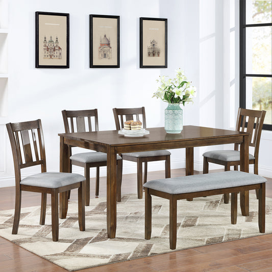 6PCs Kitchen Dining Set, Rectangular Wooden Dining Table with 4 Upholstered Chairs and a Bench, Dining Table Set for 6 People, Walnut