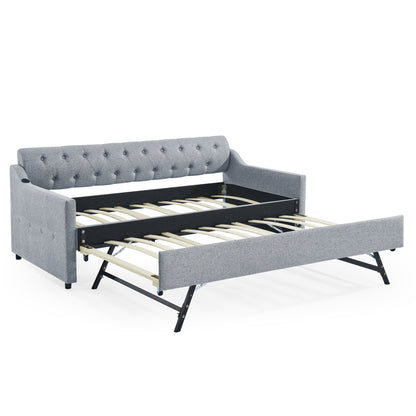 Twin Size Upholstery DayBed with Twin Size Erectable Trundle and USB Charging Design, Linen Grey