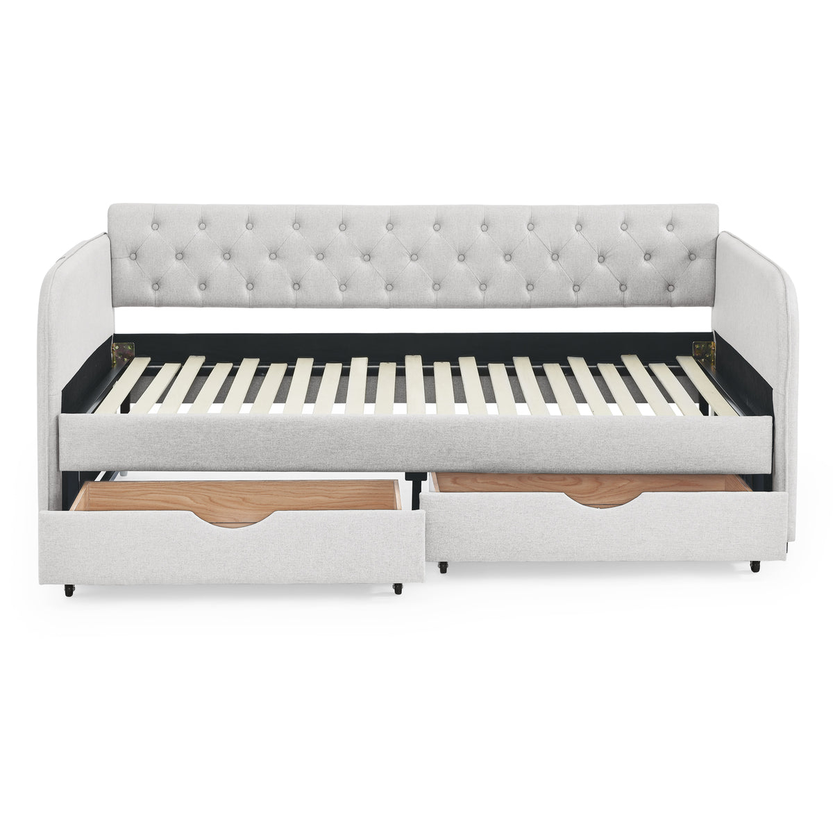 Twin Size Upholstery Daybed with Trundle Bed and Two Storage Drawers, Flat Arms with Pocket, Extendable Daybed, Linen Beige