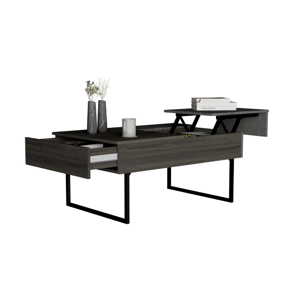 Lift Top Coffee Table, One Drawer, Two Legs, Carbon Espresso / Onyx