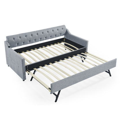 Twin Size Upholstery DayBed with Twin Size Erectable Trundle and USB Charging Design, Linen Grey