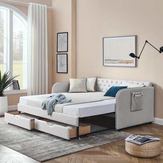 Twin Size Upholstery Daybed with Trundle Bed and Two Storage Drawers, Flat Arms with Pocket, Extendable Daybed, Linen Beige