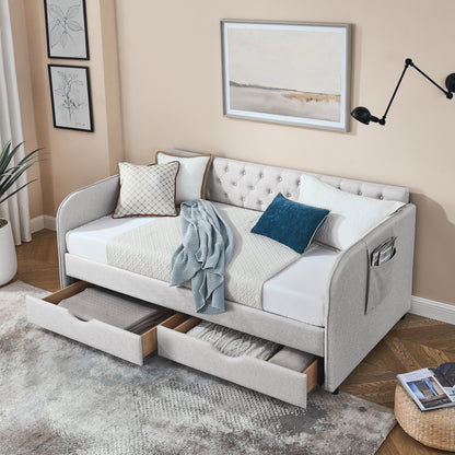 Twin Size Upholstery Daybed with Trundle Bed and Two Storage Drawers, Flat Arms with Pocket, Extendable Daybed, Linen Beige