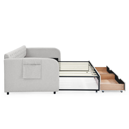 Twin Size Upholstery Daybed with Trundle Bed and Two Storage Drawers, Flat Arms with Pocket, Extendable Daybed, Linen Beige