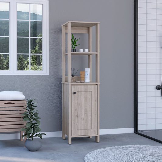 Linen Single Door Cabinet 59" H, Two Interior Shelves, Two Open Shelves, Light Gray