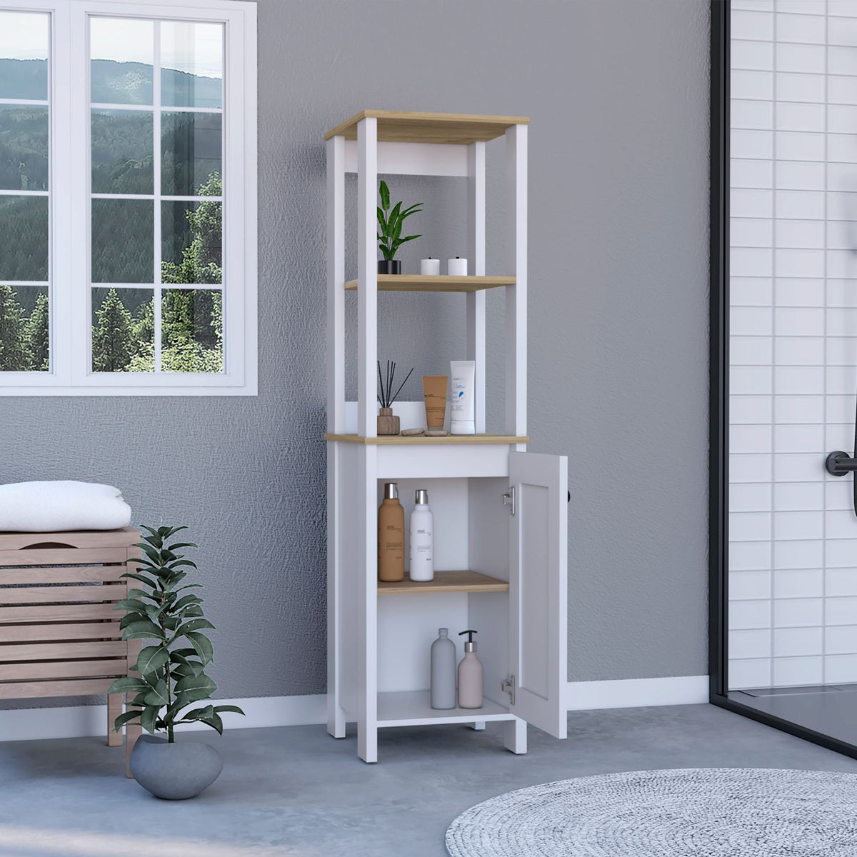 Linen Single Door Cabinet 59" H, Two Interior Shelves, Two Open Shelves, Light Oak / White