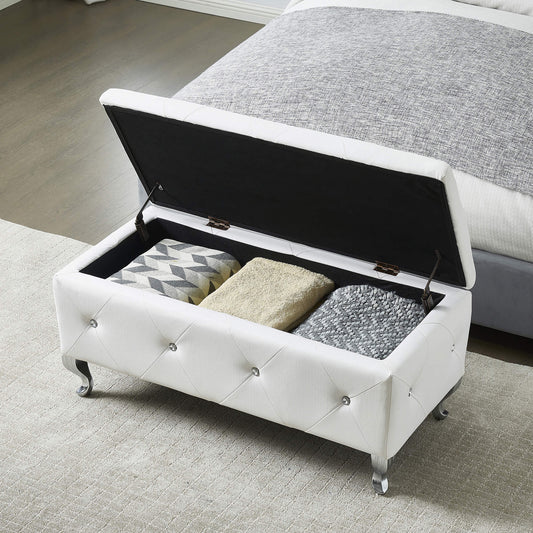 Upholstered Storage Ottoman Bench For Bedroom End Of Bed Faux Leather Rectangular Storage Benches Footrest With Crystal Buttons - White