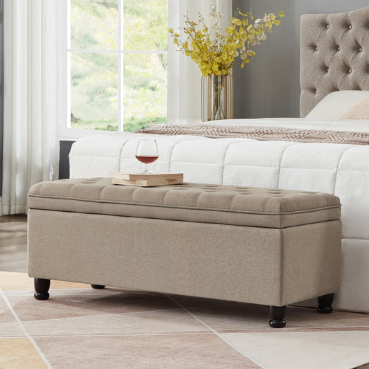 Upholstered tufted button storage bench, Linen fabric entry bench with spindle wooden legs, Bed bench- Linen