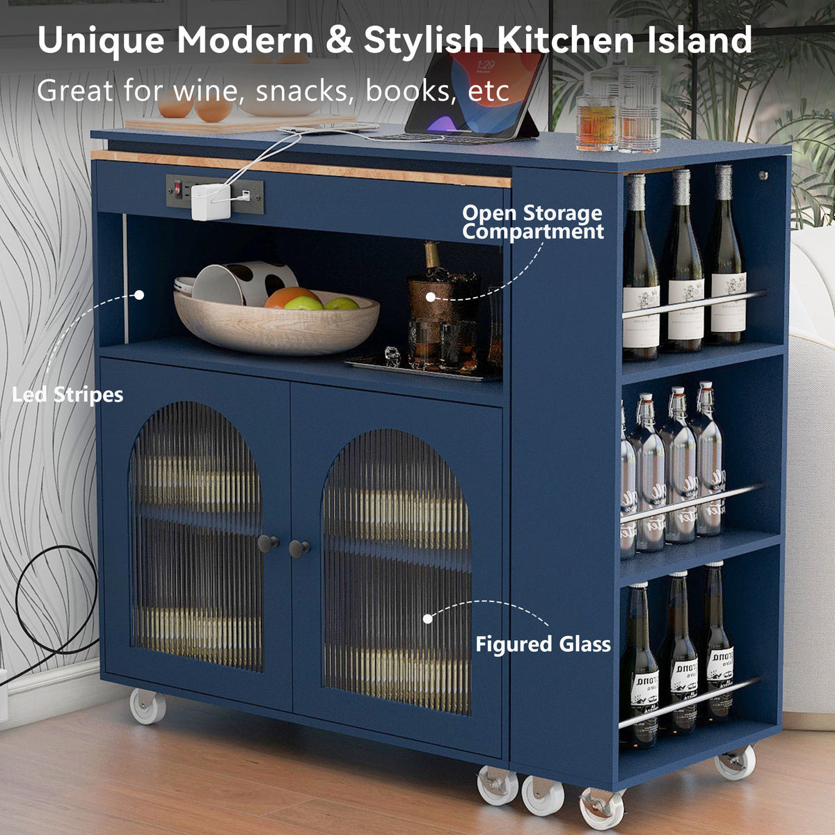 K&K Rolling Kitchen Island With Extended Table, Kitchen Island on Wheels with LED Lights, Power Outlets and 2 Fluted Glass Doors – Navy