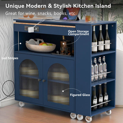 K&K Rolling Kitchen Island With Extended Table, Kitchen Island on Wheels with LED Lights, Power Outlets and 2 Fluted Glass Doors – Navy