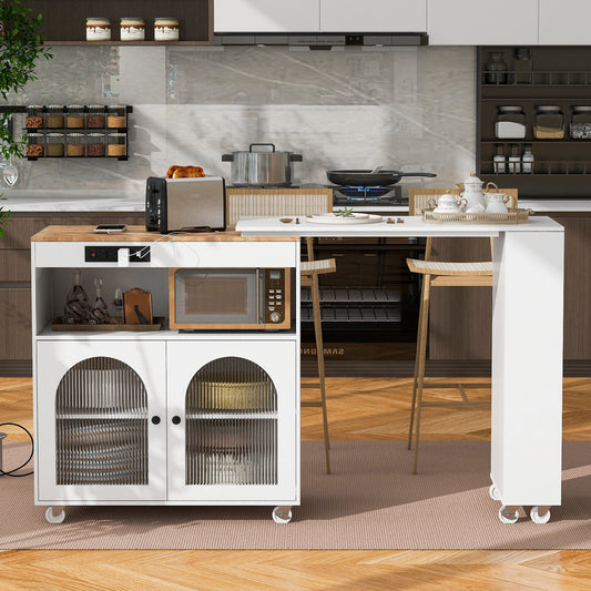 K&K Rolling Kitchen Island With Extended Table, Kitchen island on Wheels with LED Lights, Power Outlets and 2 Fluted Glass Doors