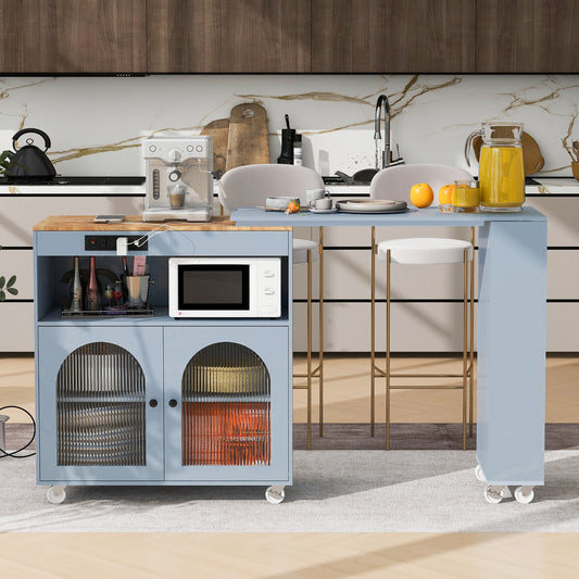 K&K Rolling Kitchen Island With Extended Table, Kitchen Island on Wheels with LED Lights, Power Outlets and 2 Fluted Glass Doors – Model WF316018AAG