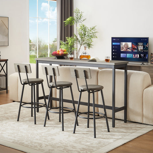Long Bar Table Set with 3 PU Upholstered Bar Stools, Industrial Bar Table and Chairs for Kitchen Breakfast Table, Banquet Hall