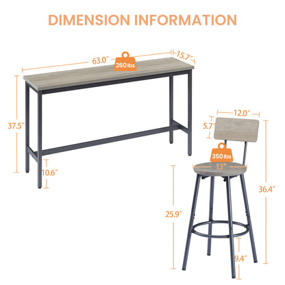 Long Bar Table Set with 3 PU Upholstered Bar Stools, Industrial Bar Table and Chairs for Kitchen Breakfast Table, Banquet Hall