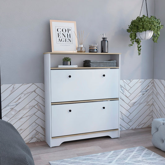 Shoe Rack 46" H, One Open Storage Shelf, Two Internal Storage Drawers, Two Doors, Light Oak / White