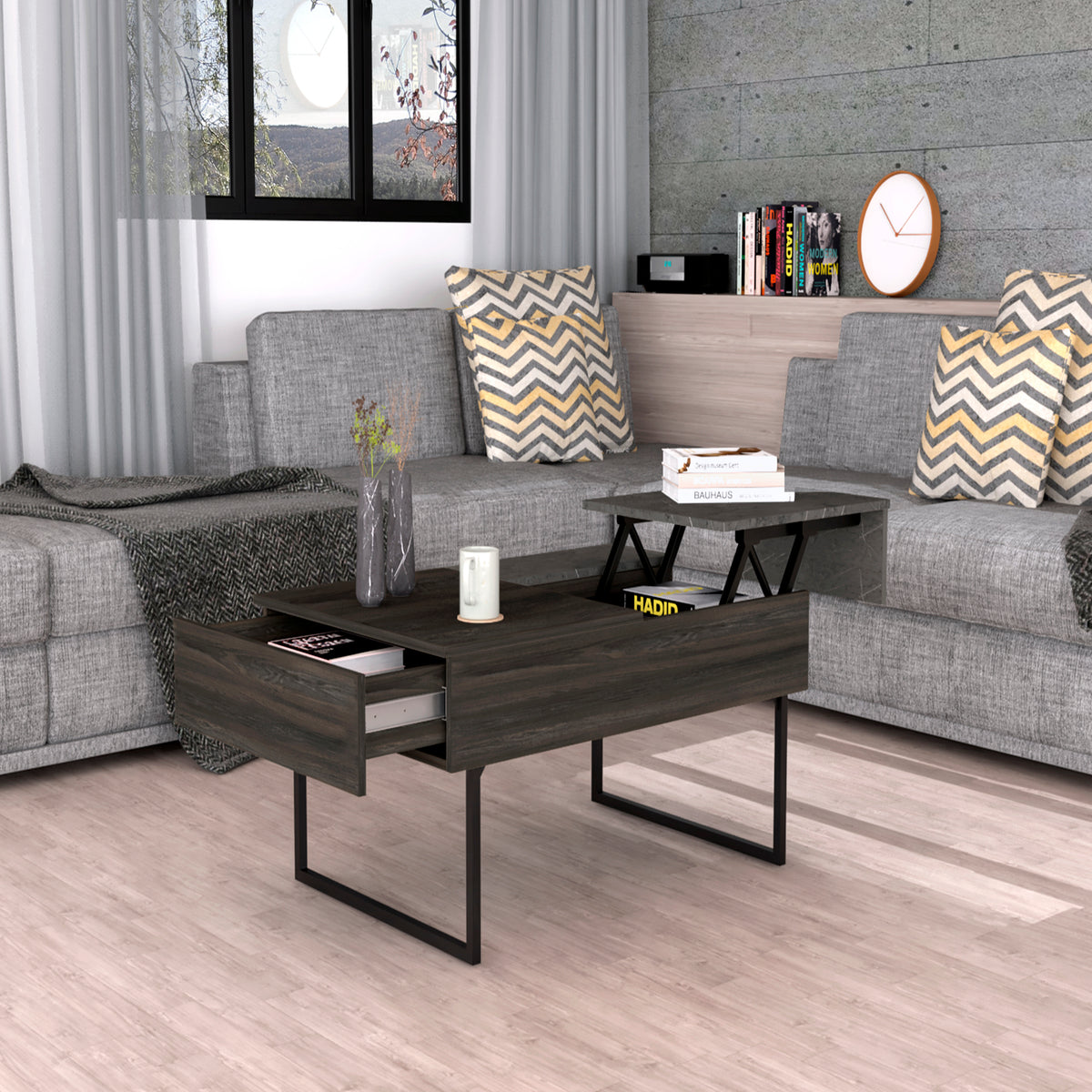 Lift Top Coffee Table, One Drawer, Two Legs, Carbon Espresso / Onyx