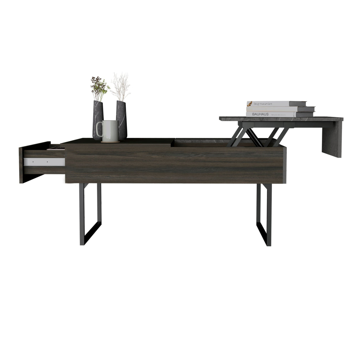 Lift Top Coffee Table, One Drawer, Two Legs, Carbon Espresso / Onyx