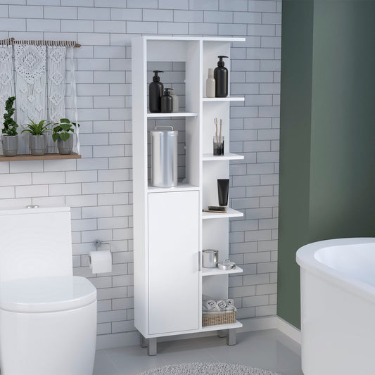Mott 63" H Linen Bathroom Cabinet with Seven Open Shelves, One Drawer and four legs,White