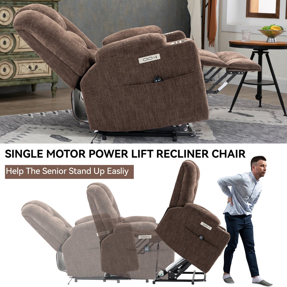 Large Power Lift Recliner Chair with Massage and Heat for Elderly, Overstuffed Wide Recliners, Heavy Duty Motion Mechanism with USB and Type C Ports, 2 Steel Cup Holders, Brown