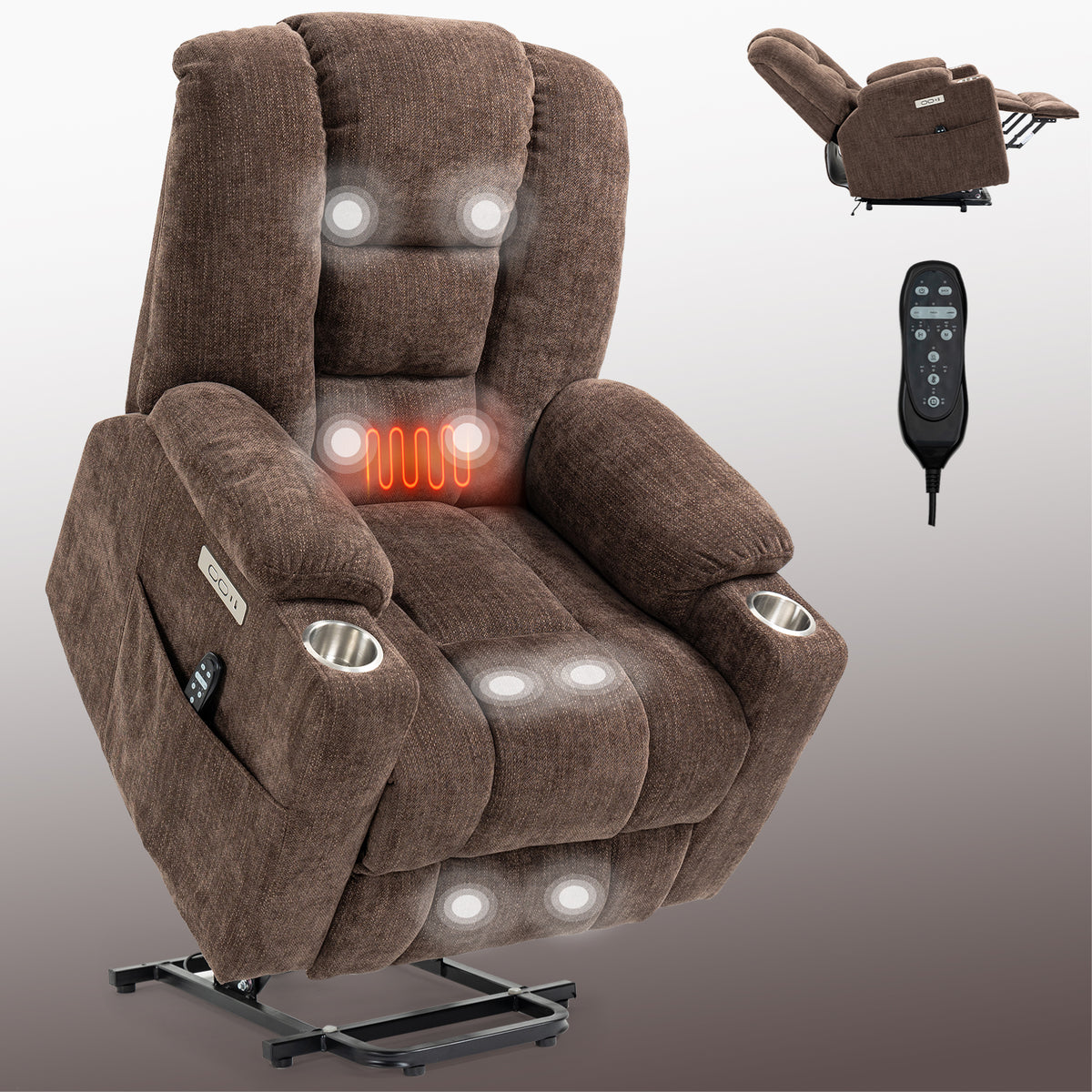 Large Power Lift Recliner Chair with Massage and Heat for Elderly, Overstuffed Wide Recliners, Heavy Duty Motion Mechanism with USB and Type C Ports, 2 Steel Cup Holders, Brown