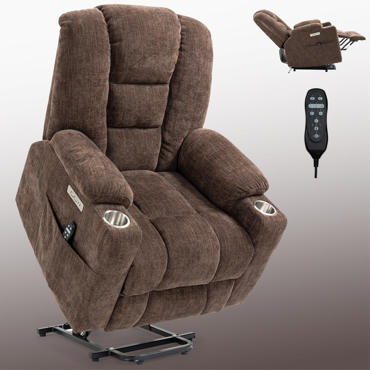 Large Power Lift Recliner Chair with Massage and Heat for Elderly, Overstuffed Wide Recliners, Heavy Duty Motion Mechanism with USB and Type C Ports, 2 Steel Cup Holders, Brown