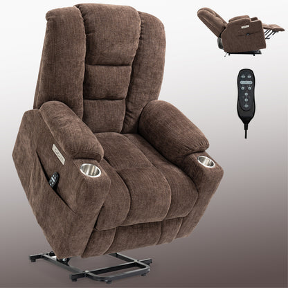 Large Power Lift Recliner Chair with Massage and Heat for Elderly, Overstuffed Wide Recliners, Heavy Duty Motion Mechanism with USB and Type C Ports, 2 Steel Cup Holders, Brown