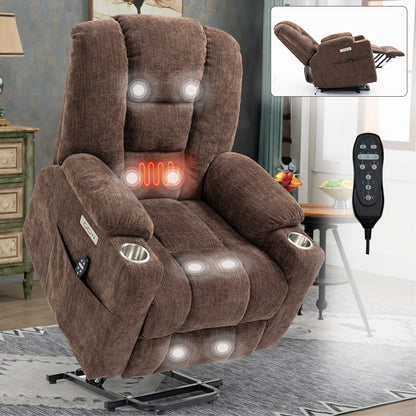 Large Power Lift Recliner Chair with Massage and Heat for Elderly, Overstuffed Wide Recliners, Heavy Duty Motion Mechanism with USB and Type C Ports, 2 Steel Cup Holders, Brown