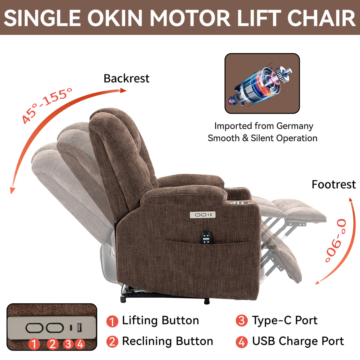 Large Power Lift Recliner Chair with Massage and Heat for Elderly, Overstuffed Wide Recliners, Heavy Duty Motion Mechanism with USB and Type C Ports, 2 Steel Cup Holders, Brown