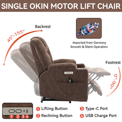 Large Power Lift Recliner Chair with Massage and Heat for Elderly, Overstuffed Wide Recliners, Heavy Duty Motion Mechanism with USB and Type C Ports, 2 Steel Cup Holders, Brown