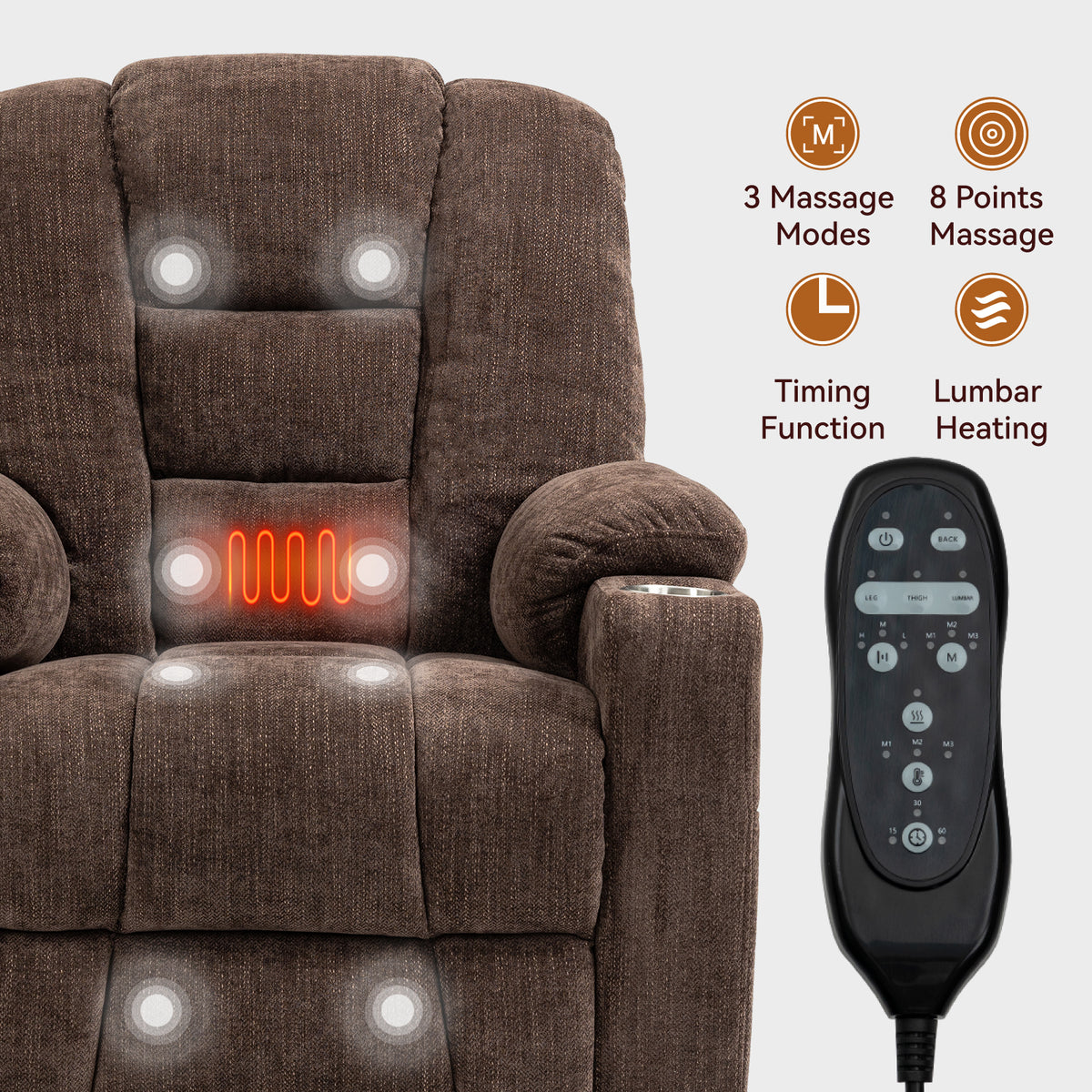 Large Power Lift Recliner Chair with Massage and Heat for Elderly, Overstuffed Wide Recliners, Heavy Duty Motion Mechanism with USB and Type C Ports, 2 Steel Cup Holders, Brown