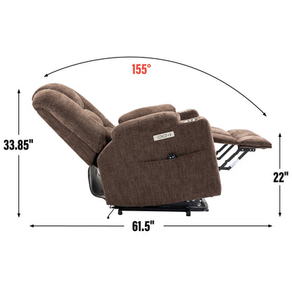 Large Power Lift Recliner Chair with Massage and Heat for Elderly, Overstuffed Wide Recliners, Heavy Duty Motion Mechanism with USB and Type C Ports, 2 Steel Cup Holders, Brown