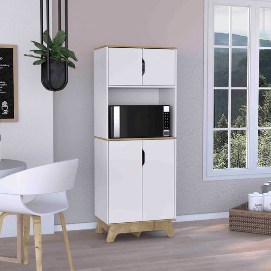 Pamplona Microwave Tall Cabinet Counter Surface, Top And Lower Double Doors Cabinets -Light Oak / White – Model B070S00149