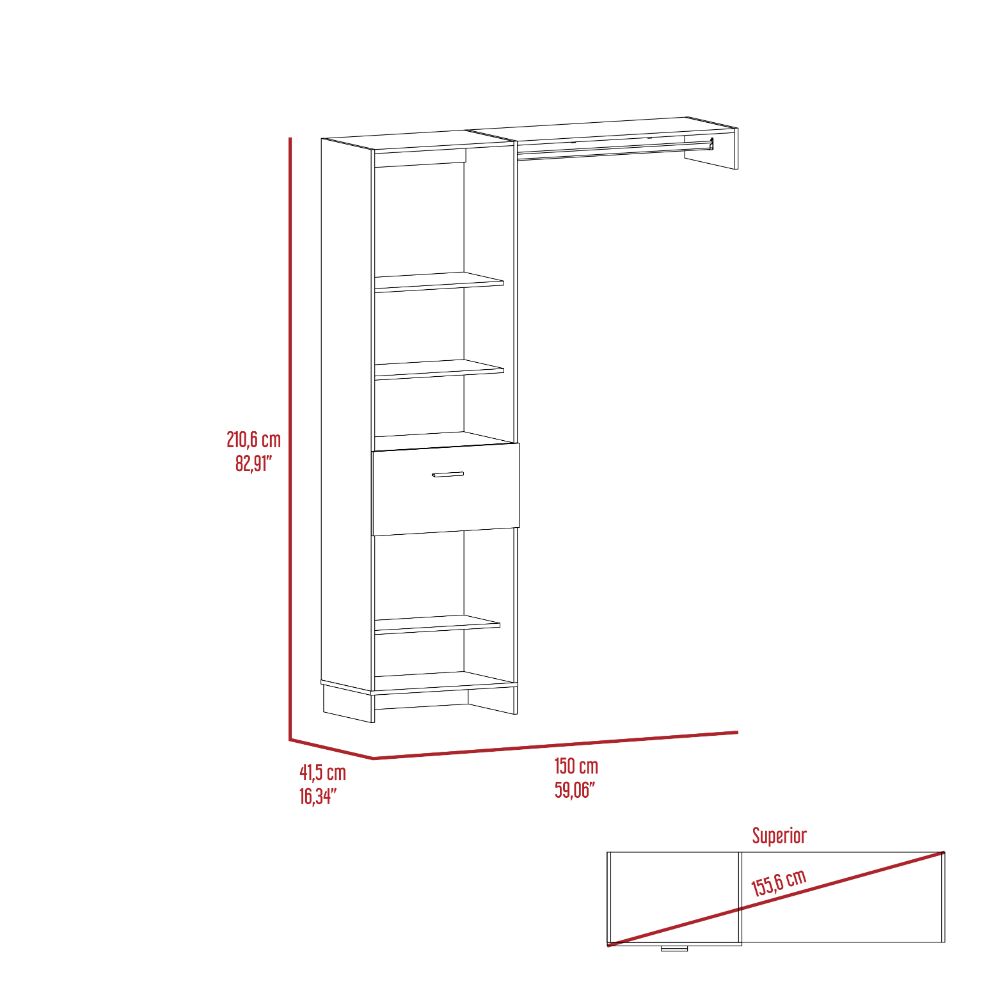 Manchester 150 Closet System, Metal Rod, Five Open Shelves, One Drawer -Black