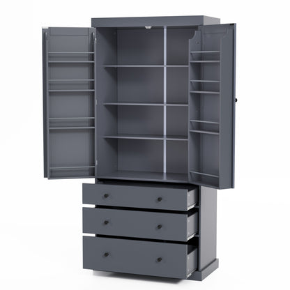 TOPMAX 77" Farmhouse Kitchen Pantry, Freestanding Tall Cupboard Storage Cabinet with 3 Adjustable Shelves, 8 Door Shelves, 3 Drawers